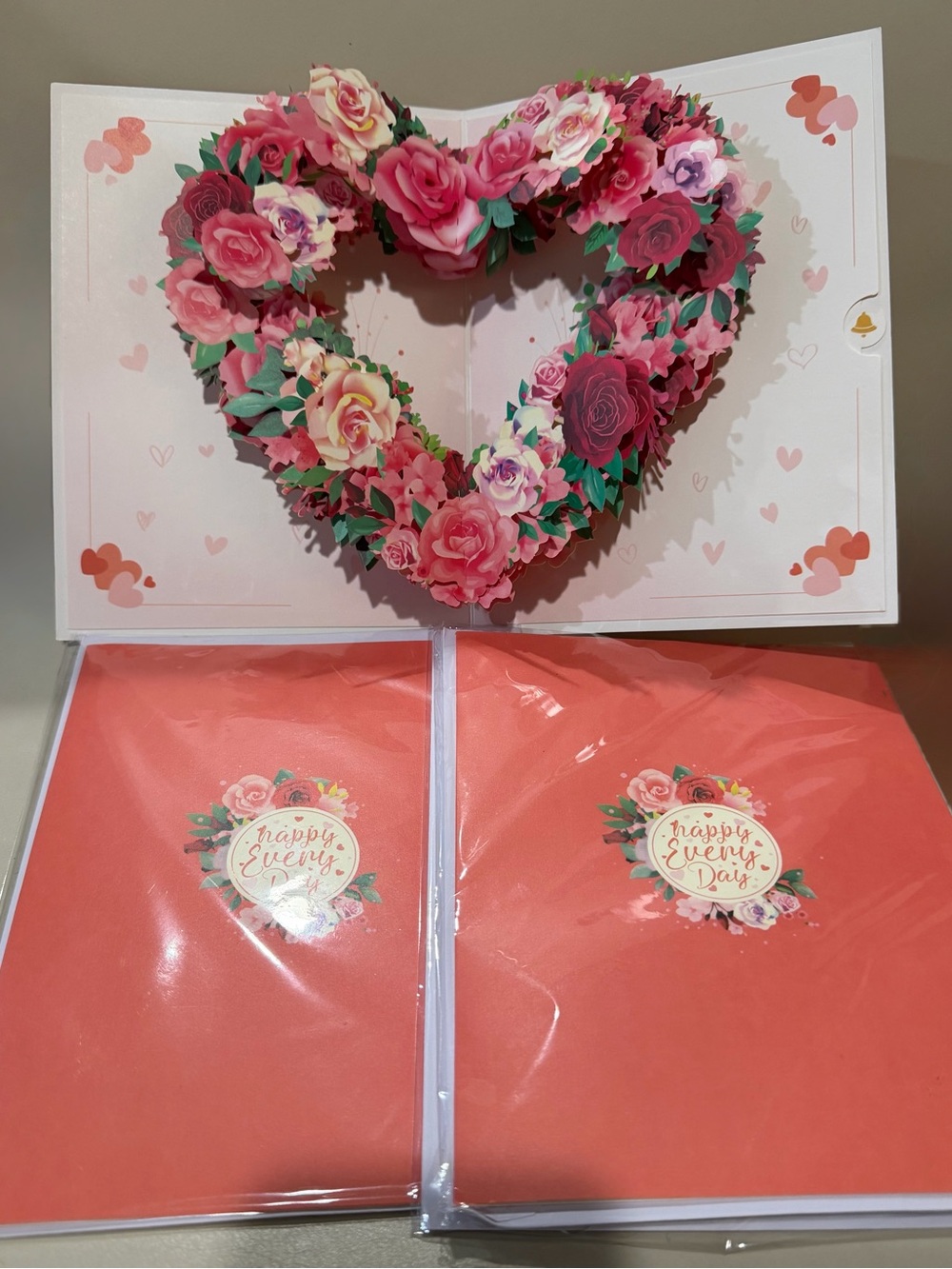 New in Bag Lot of 3 -Heart-Shaped Pink Floral Pop-Up Card – Blank